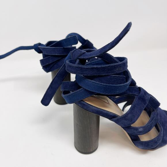 Aldo Womens 6.5 Navy Blue Lace Up Suede Heels 4" Round Wood Heels Open Toes - Picture 6 of 16
